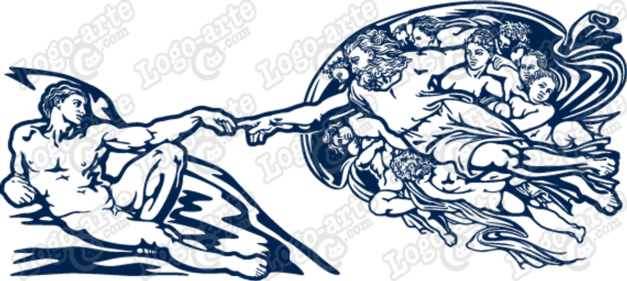Creation Of Adam 4K 桌布 壁紙 — 一幅風格化的藍白線條畫，描繪上帝以動態流暢的構圖向亞當伸出手。