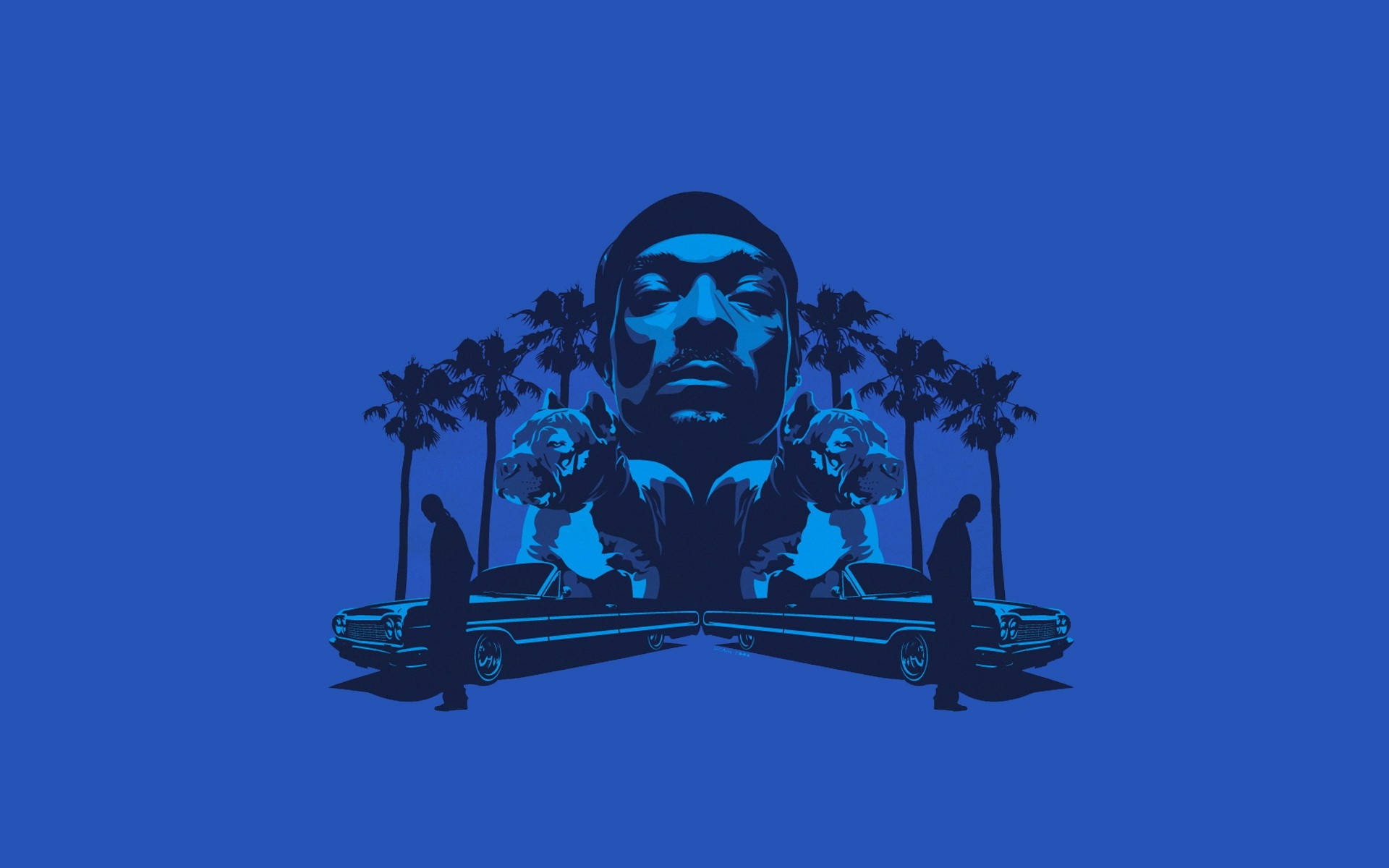 Snoop 桌布 壁紙 — 一幅風格化的藍色插圖，描繪一個大臉龐，兩旁有棕櫚樹和兩輛經典汽車，背景為純藍色。