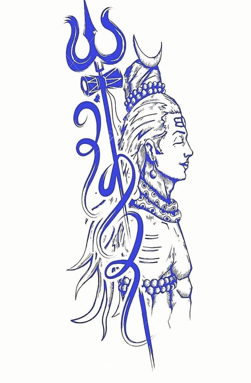 藝術 iPhone 桌布 壁紙 — 一幅風格化的藍色線條藝術插圖，描繪了手持三叉戟的濕婆神側面，帶有流動的裝飾元素。