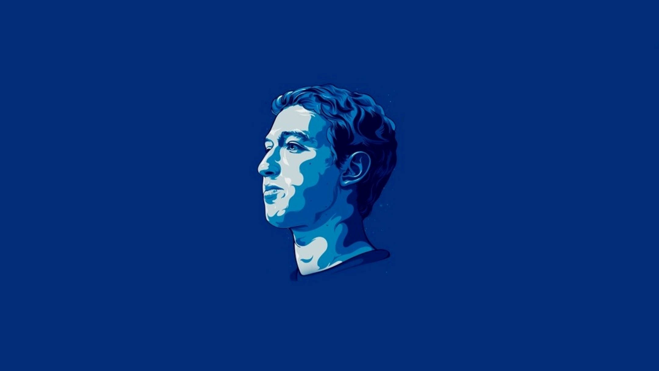 Zuckerberg 桌布 壁紙 — 一幅風格化的藍色調插圖，描繪一個男性頭部的側面輪廓，背景為純深藍色。