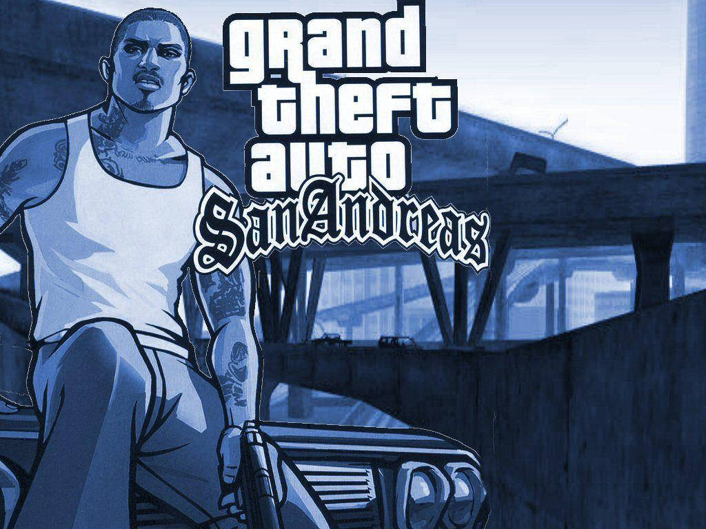 GTA 聖安地列斯 桌布 壁紙 — 一幅風格化的藍色調插圖，描繪一名刺青男子在車旁持槍，車上有「Grand Theft Auto San Andreas」字樣。
