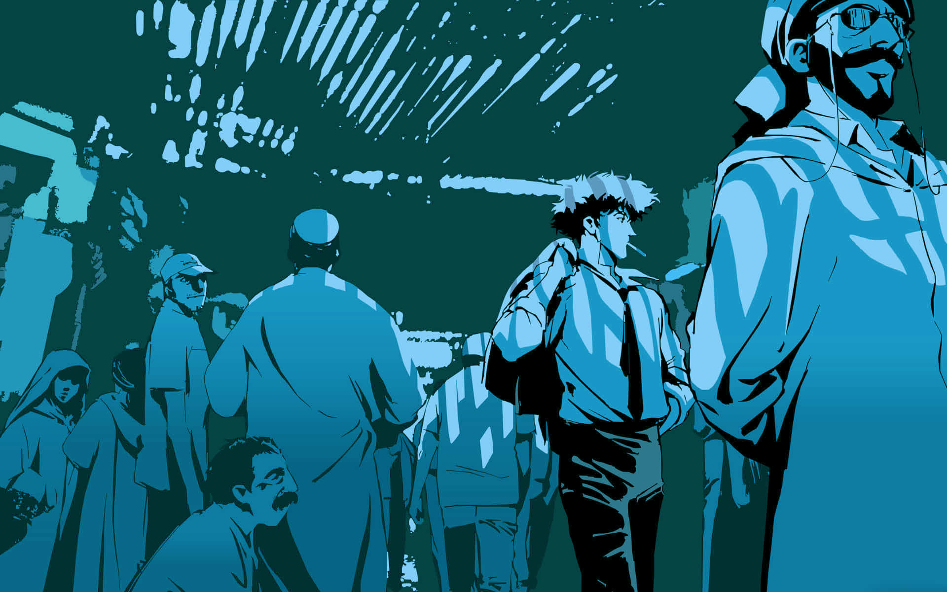 Cowboy Bebop 桌布 壁紙 — 一幅風格化的藍色調插圖，描繪了擁擠的城市場景中各種各樣的人，具有大膽的輪廓和戲劇性的燈光。