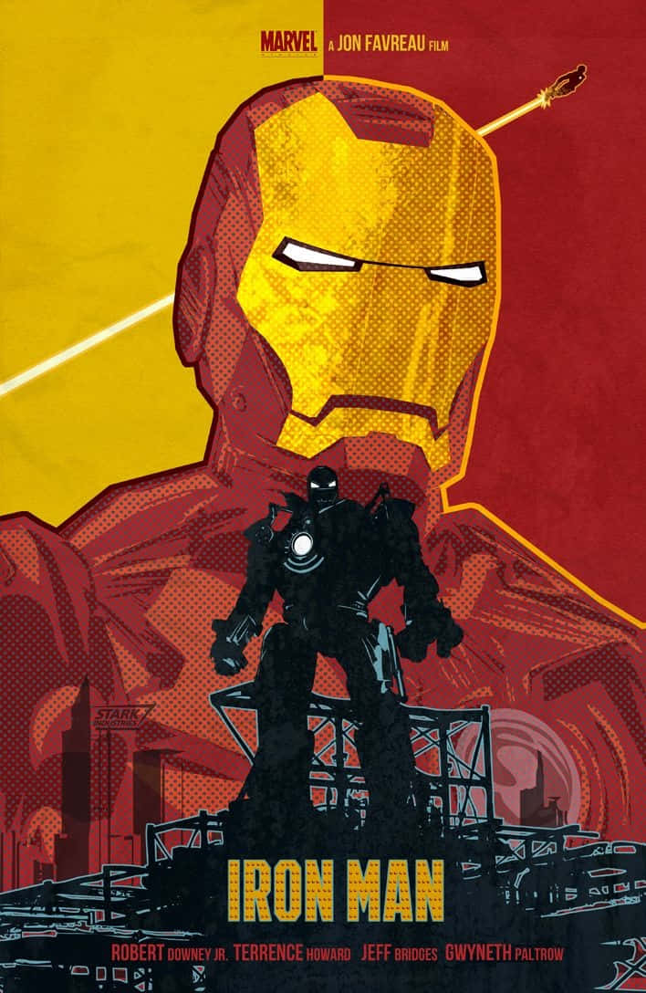 Iron Man Movies 桌布 壁紙 — 一幅風格化的鋼鐵人海報，下方有一個較小的裝甲人物，背景為黃色和紅色分割。