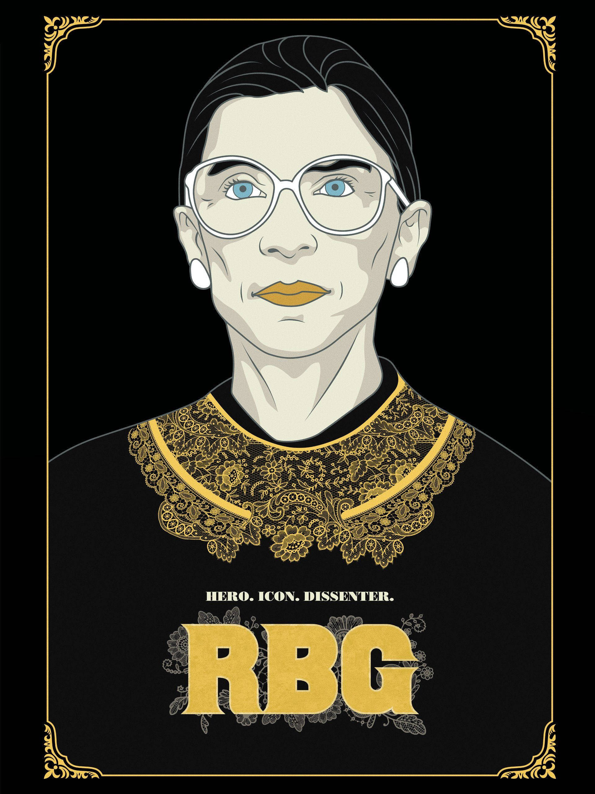 Ruth Bader Ginsburg 桌布 壁紙 — 一幅風格化的露絲·貝德·金斯伯格肖像，配有金色蕾絲領和黑色背景上的粗體文字。