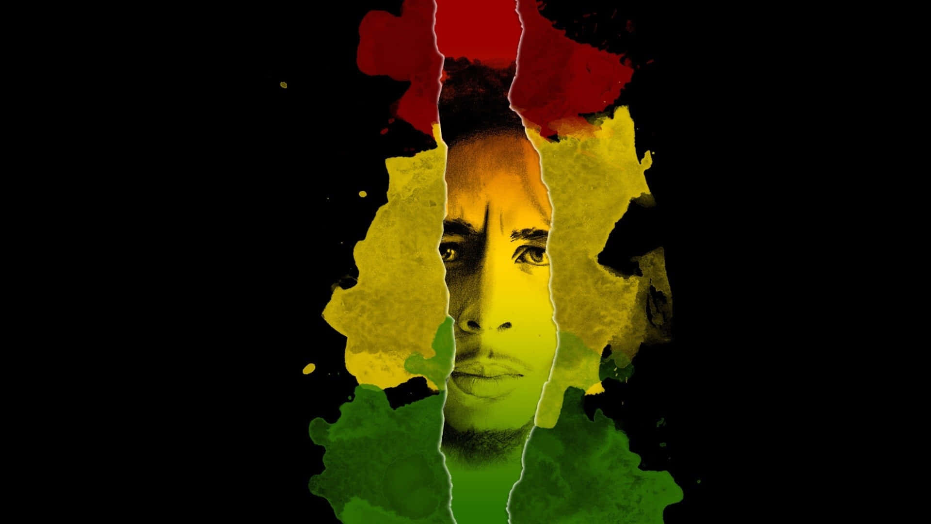 Jamaica 桌布 壁紙 — 一幅風格化的鮑勃·馬利肖像，從充滿活力的紅色、黃色和綠色油漆飛濺中浮現，背景為黑色。
