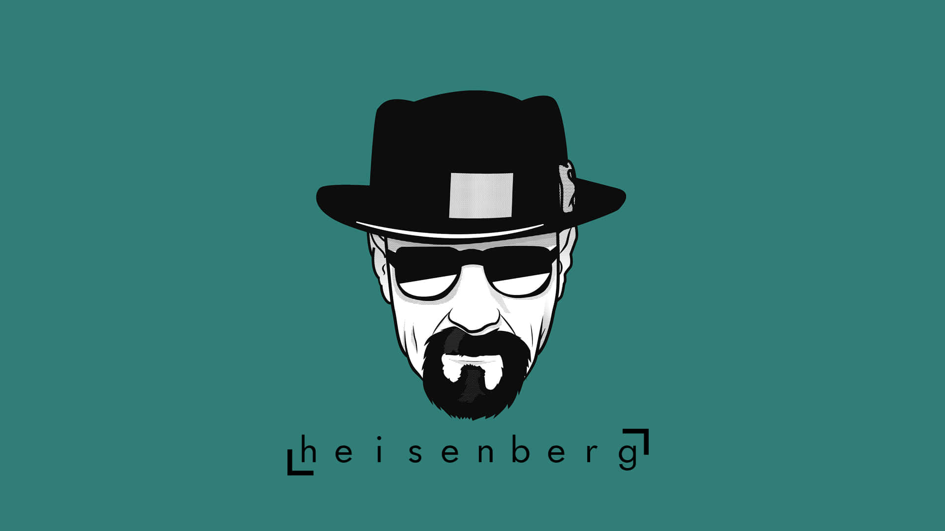 絕命毒師 桌布 壁紙 — 一幅風格化的黑白插圖，描繪 Walter White 飾演的 Heisenberg，戴著 fedora 帽和太陽眼鏡，背景為青綠色。