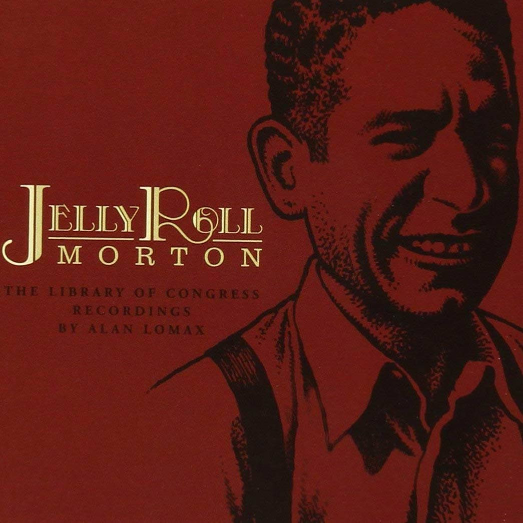 Album Cover 桌布 壁紙 — 一幅風格化的黑白插圖，描繪Jelly Roll Morton在深紅色背景上微笑，並帶有金色文字。