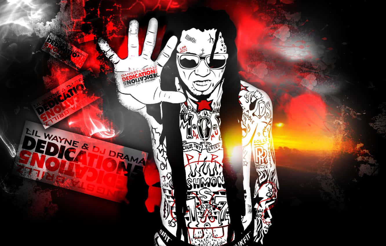 Hip Hop Rappers 桌布 壁紙 — 一幅風格化的黑白插圖，描繪Lil Wayne帶有刺青和太陽眼鏡，在火紅橙色的日落背景下舉起一隻手，並帶有專輯封面文字。
