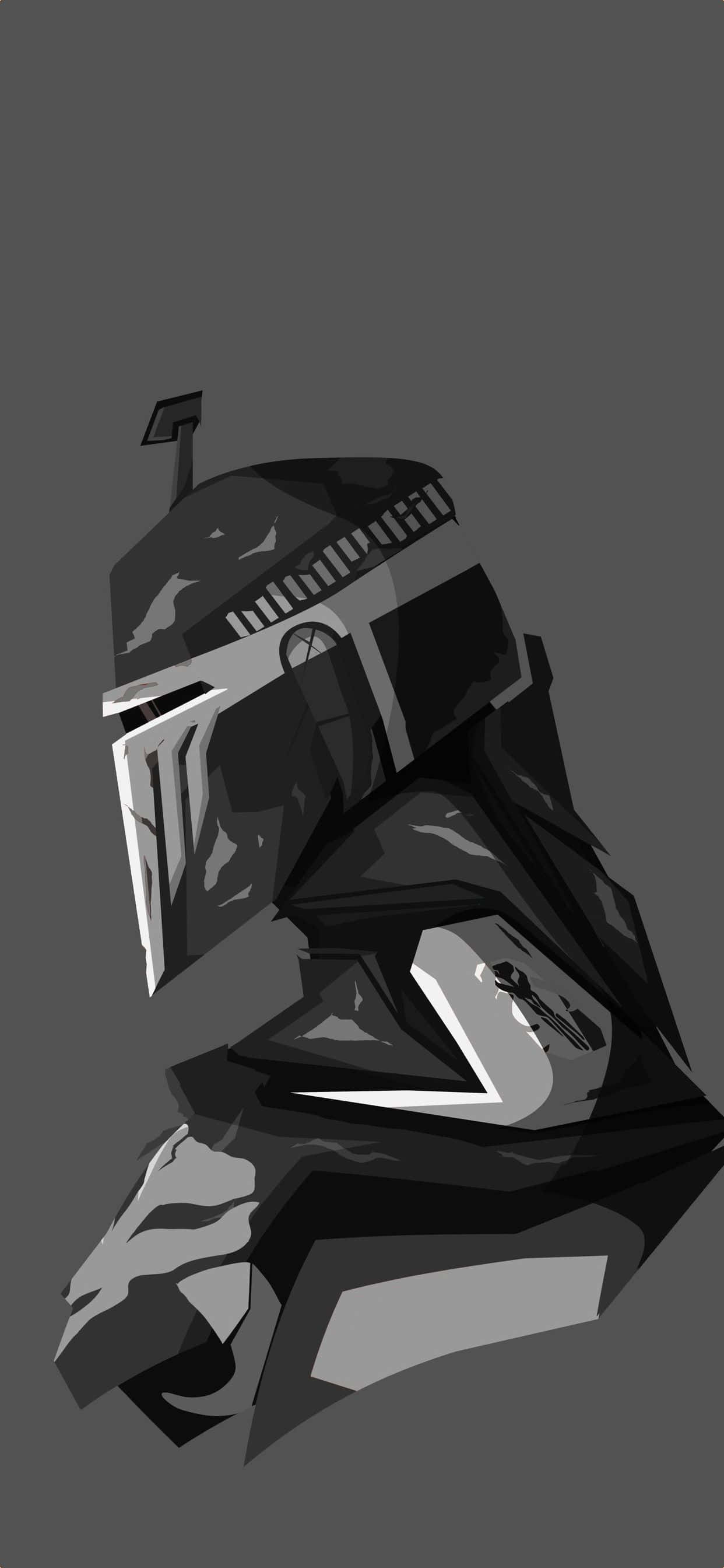 The Mandalorian iPhone 桌布 壁紙 — 一幅風格化的黑白插圖，描繪一位身穿完整頭盔和盔甲的曼達洛戰士，背景為純灰色。