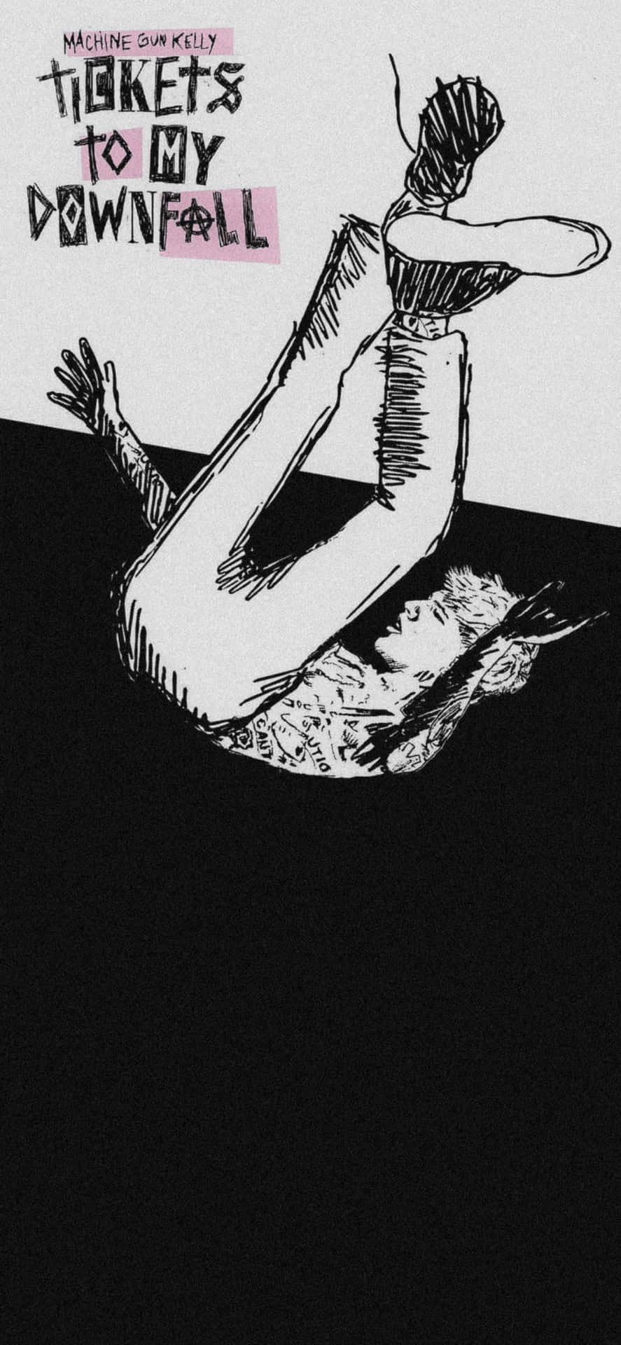  壁紙 — 一幅風格化的黑白插圖，描繪一個人向後跌倒，上方有文字「Tickets to My Downfall」。