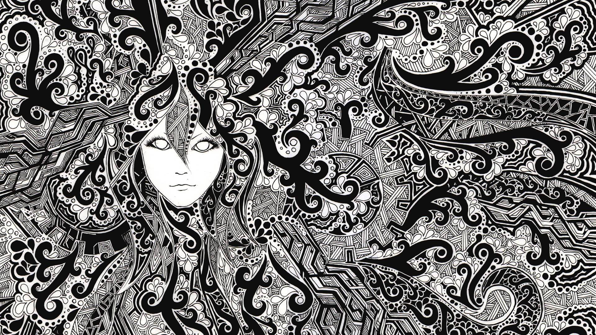 迷幻動圖 桌布 壁紙 — 一幅風格化的黑白插圖，描繪一個寧靜的臉龐，周圍環繞著複雜的漩渦圖案和幾何設計。