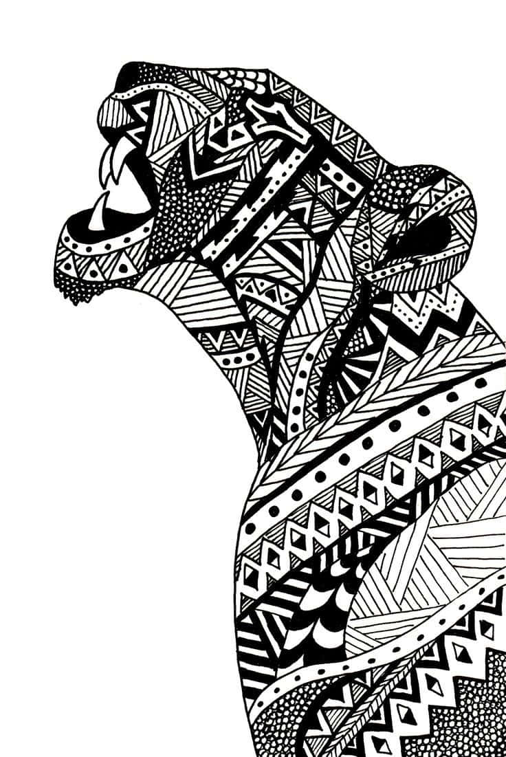 一隻黑白插圖的美洲豹，帶有部落幾何圖案，正在咆哮。 — 曼陀羅 GIF 壁紙