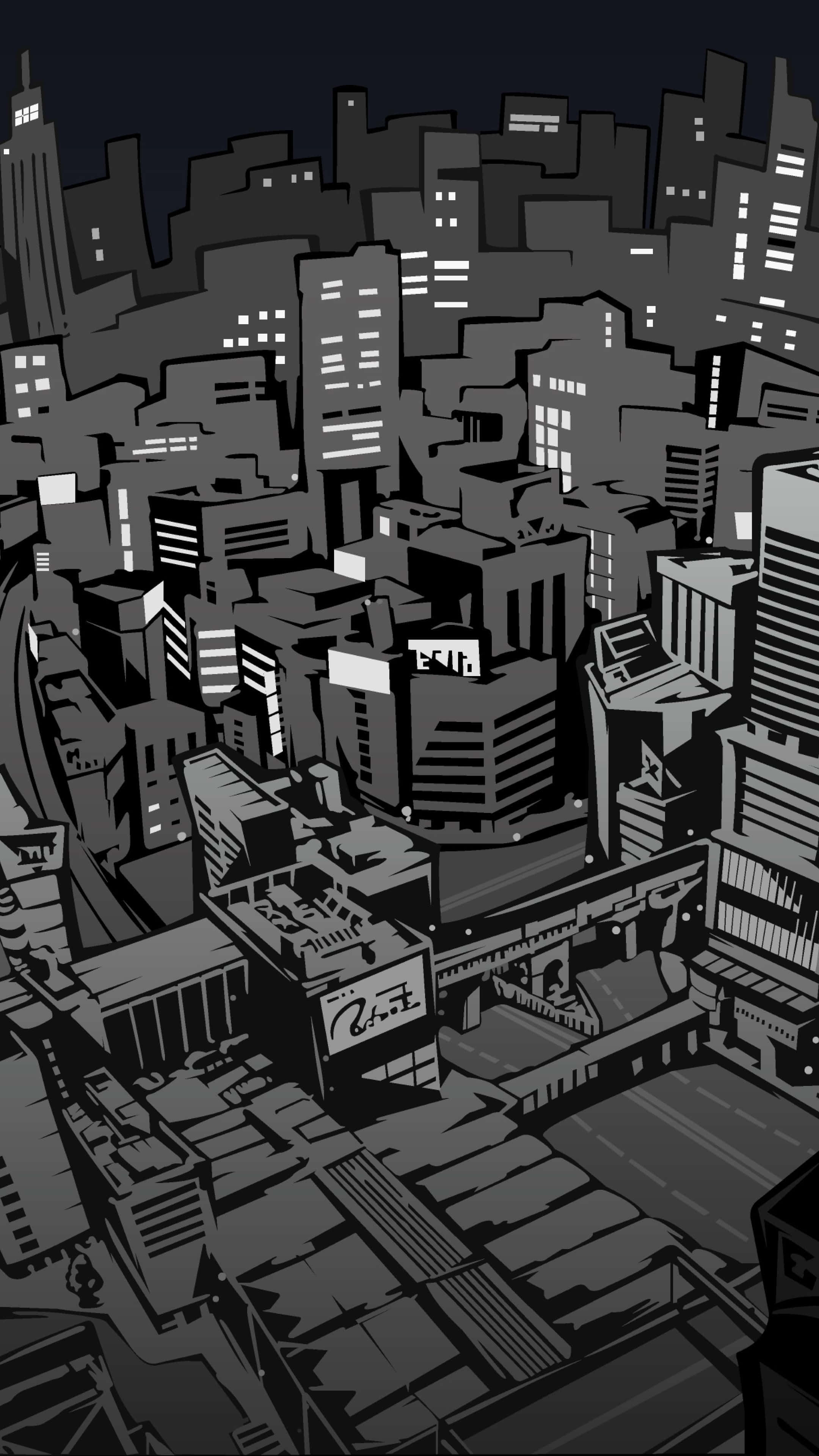 人格面具 桌布 壁紙 — 一幅風格化的黑白插圖，描繪了密集的城市夜景，帶有發光的窗戶和銳利的幾何建築。