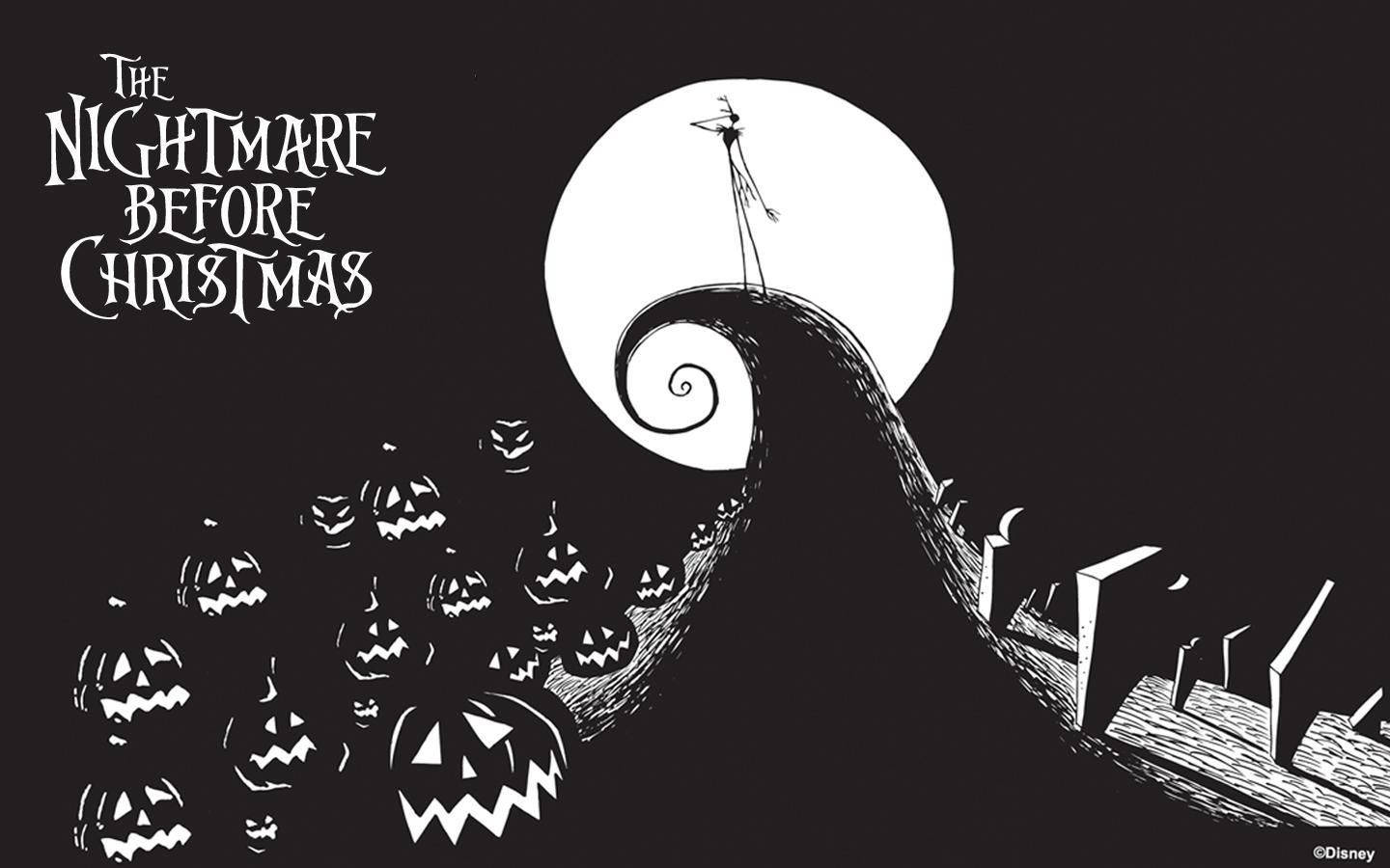 nightmare 桌布 壁紙 — 一幅風格化的黑白插圖，描繪傑克·史克林頓站在螺旋形山丘頂上，滿月下，周圍是傑克南瓜燈。