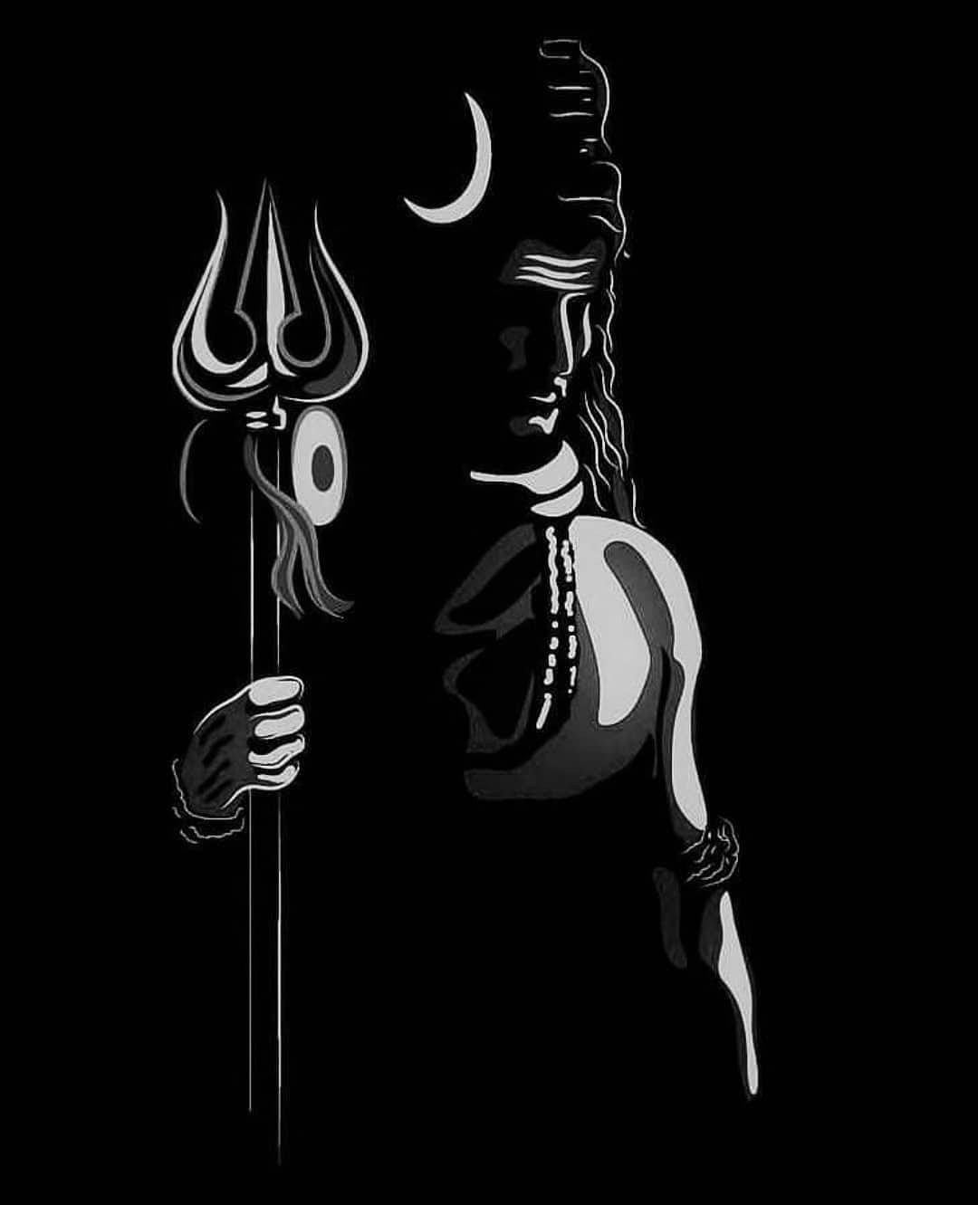 dark black 桌布 壁紙 — 一幅風格化的黑白插圖，描繪濕婆的側面，手持三叉戟，頭頂有新月。