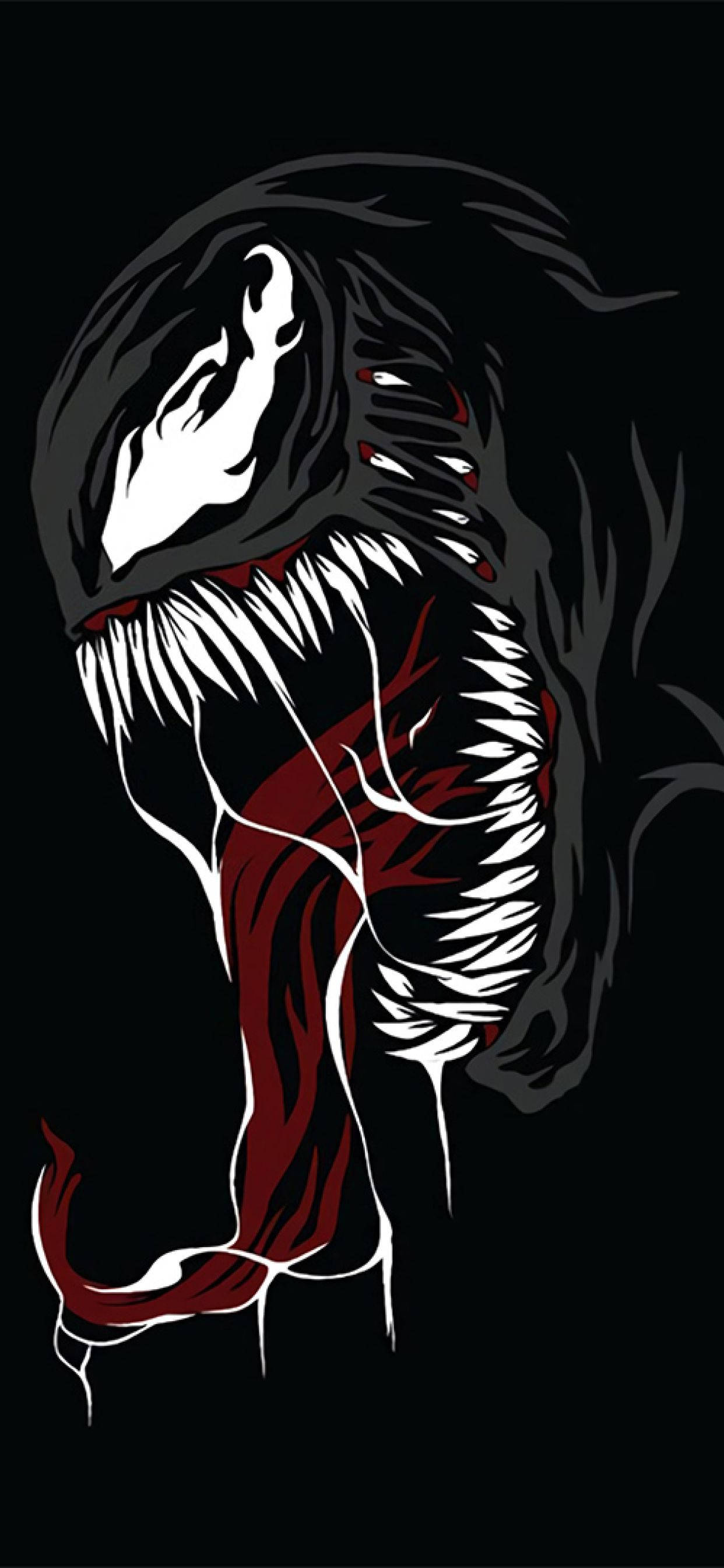 猛毒 桌布 壁紙 — 一幅風格化的黑白插圖，描繪猛毒（Venom）在深色背景上，擁有鋒利牙齒和紅色點綴。