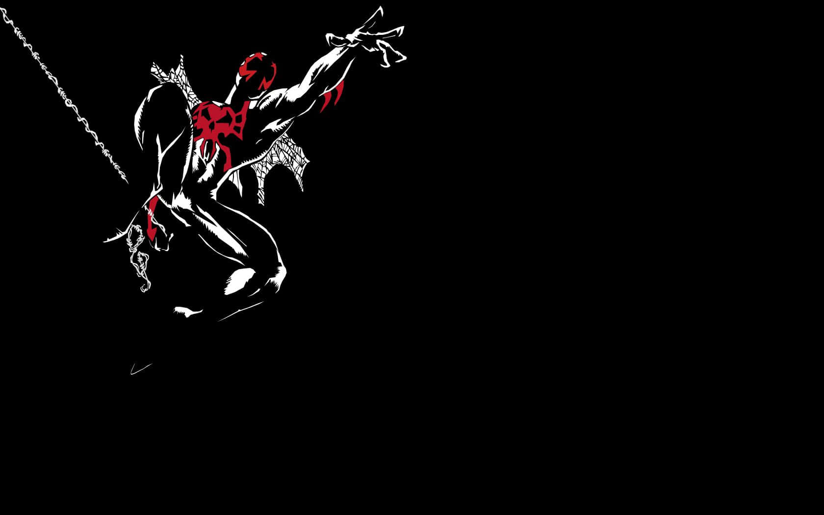 Spider Man 2099 桌布 壁紙 — 一幅風格化的黑白漫畫插圖，描繪猛毒在純黑色背景上動態擺動，帶有紅色點綴。