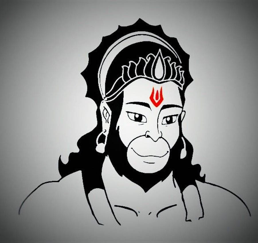 hanuman art 桌布 壁紙 — 一幅風格化的黑白線條藝術肖像，描繪一位猴面神祇，額頭上有紅色蒂拉克，戴著華麗的冠冕，背景為灰色漸變。