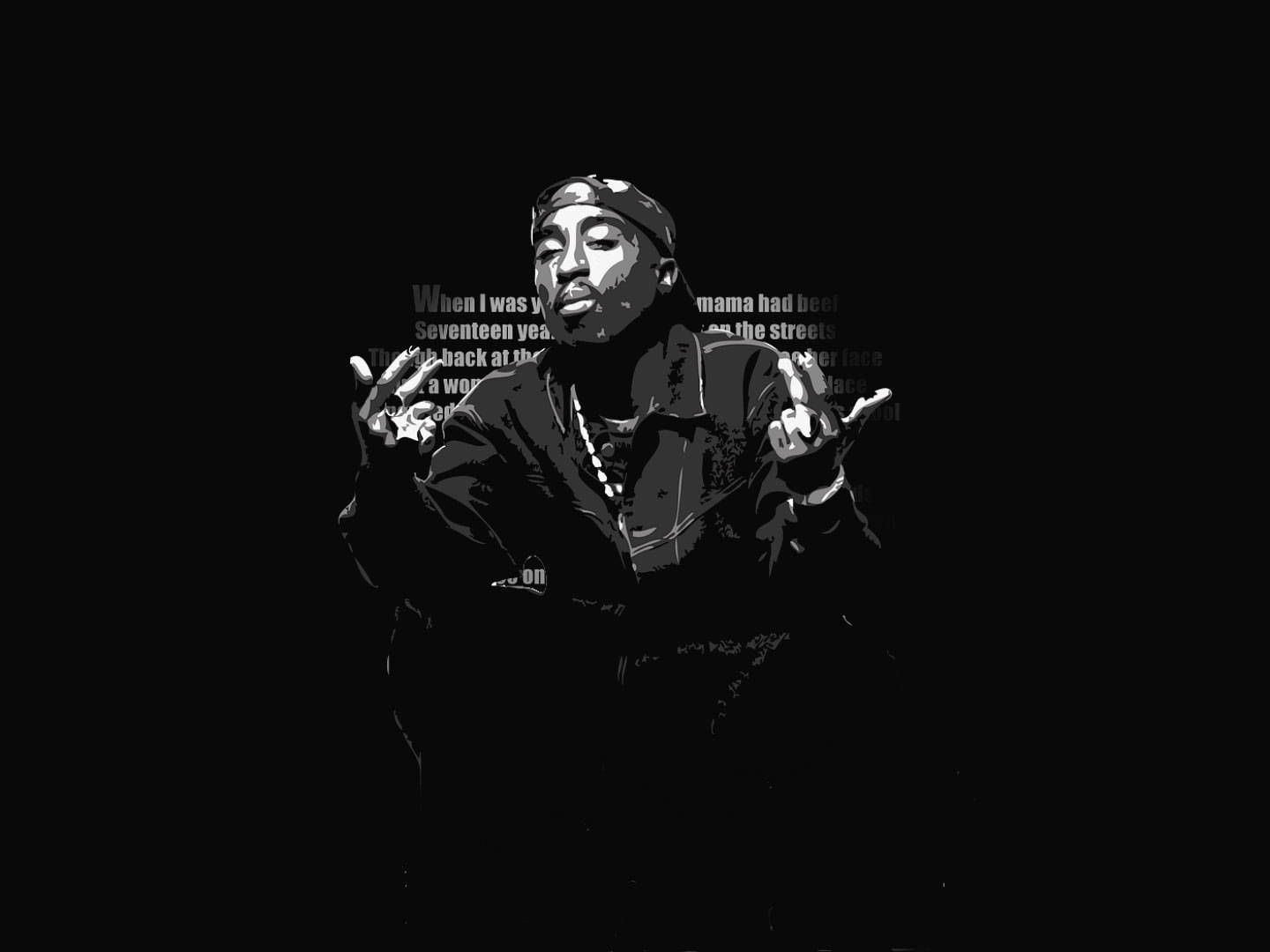 Tupac iPhone 桌布 壁紙 — 一幅風格化的黑白肖像，Tupac Shakur 雙手比劃，背景陰暗帶有模糊歌詞。