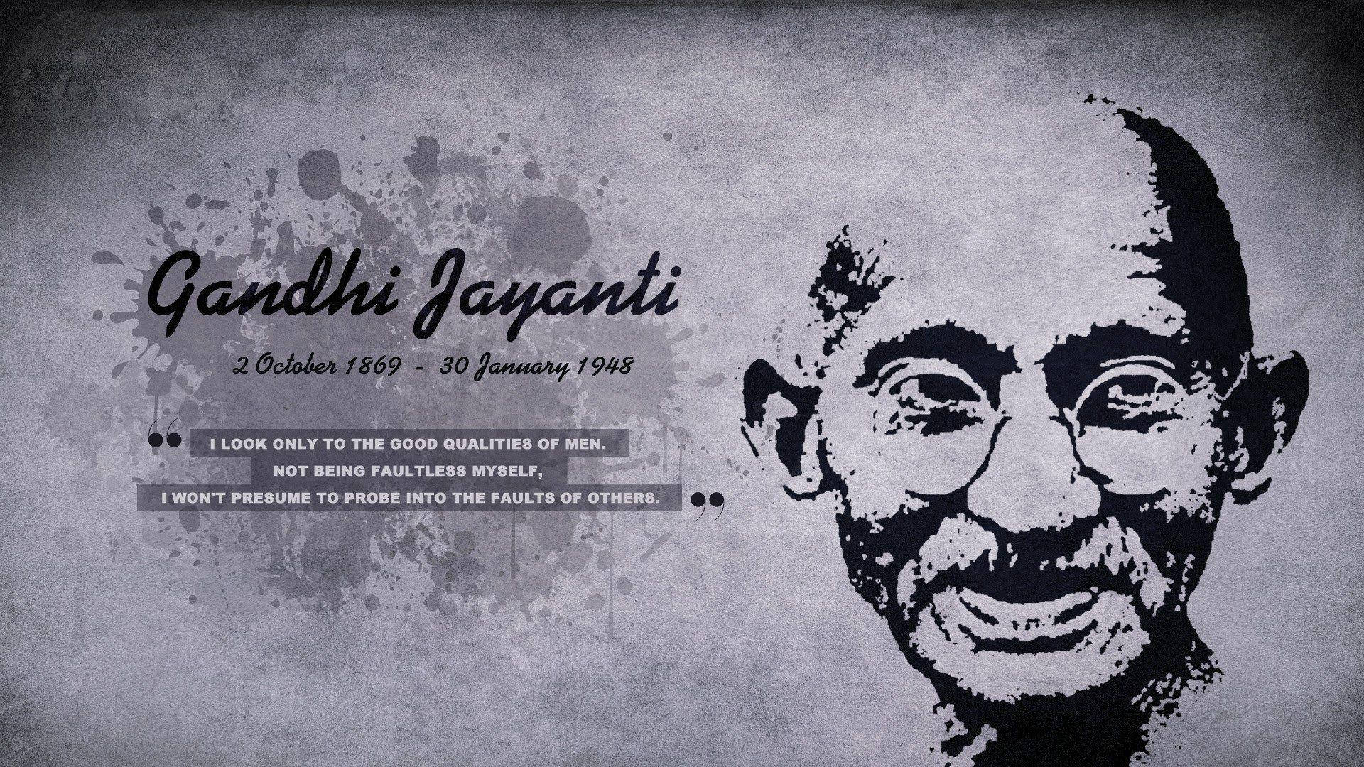 Mahatma Gandhi 桌布 壁紙 — 一幅風格化的黑白肖像，描繪聖雄甘地，並附有慶祝甘地生日的文字，背景為有紋理的灰色。