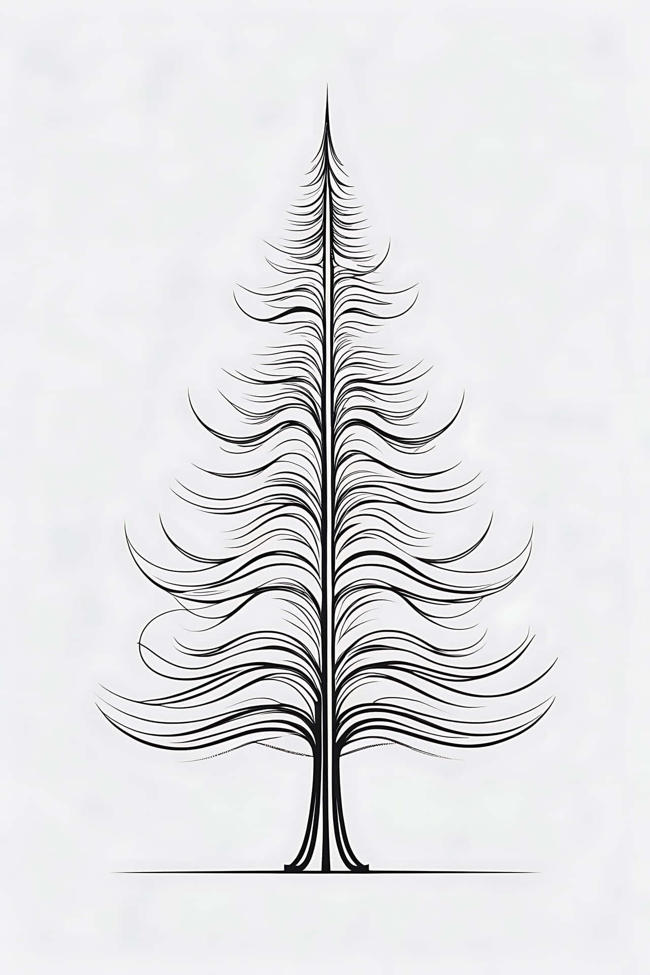 Abstract pine tree drawing 壁紙 — 一幅風格化的黑色線條畫，描繪了一棵針葉樹，樹枝呈流動的波浪狀，背景為淺灰色。