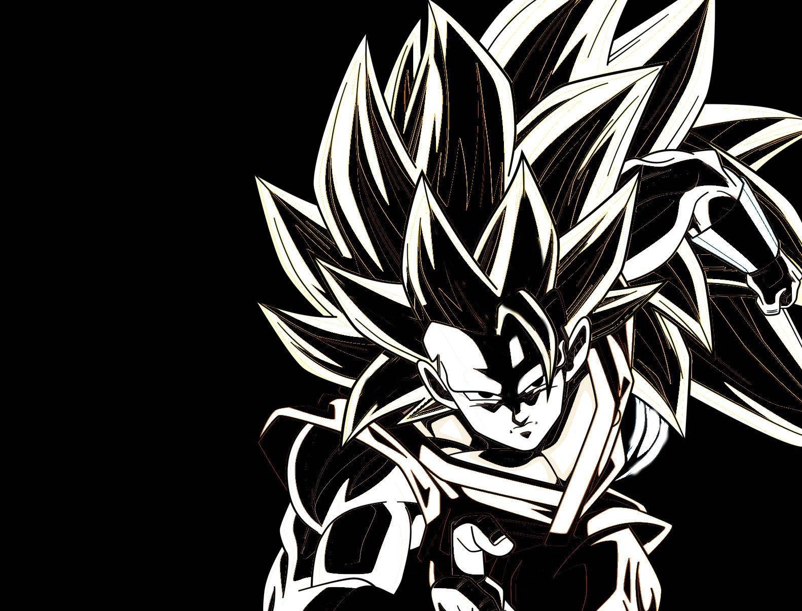 Goku Black And White 桌布 壁紙 — 一幅高對比度的黑白動漫插圖，描繪一位頭髮尖刺的戰士在純黑背景上擺出動態戰鬥姿勢。