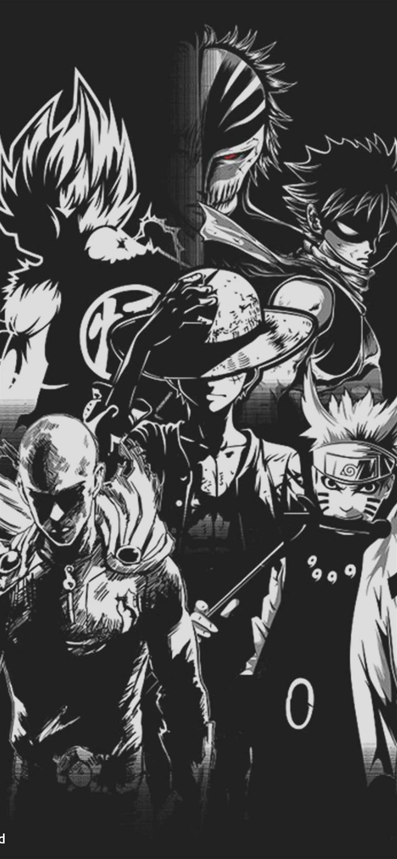 One Piece Black And White 桌布 壁紙 — 一幅高對比度的黑白動漫插圖，描繪了五位標誌性漫畫角色以動態姿勢呈現。