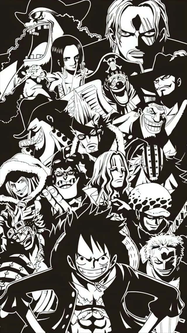 One Piece Black And White 桌布 壁紙 — 一幅高對比度的黑白插圖，充滿了數十個來自《One Piece》的強烈動漫角色。