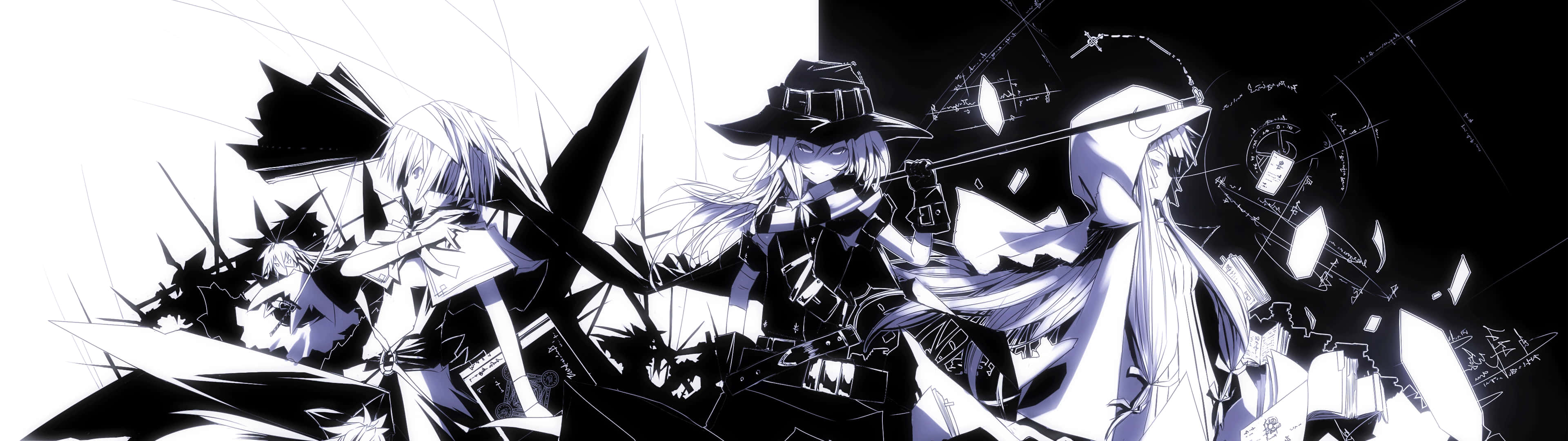 3840 X 1080 Anime HD 桌布 壁紙 — 一幅高對比度黑白動漫插圖，描繪三位風格化的女戰士以動態戰鬥姿勢呈現，帶有銳利幾何碎片和發光效果。