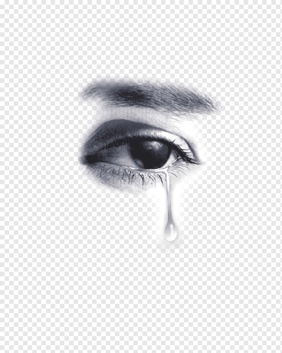 Eye 桌布 壁紙 — 一幅高度詳細的灰階插圖，描繪一隻人眼在透明背景上流下一滴眼淚。