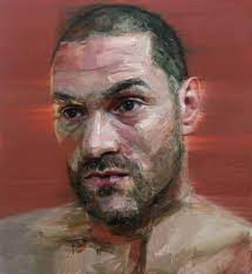 Tyson Fury 桌布 壁紙 — 一幅鬍鬚男士的油畫特寫肖像，眼神強烈，背景為溫暖的紅色。