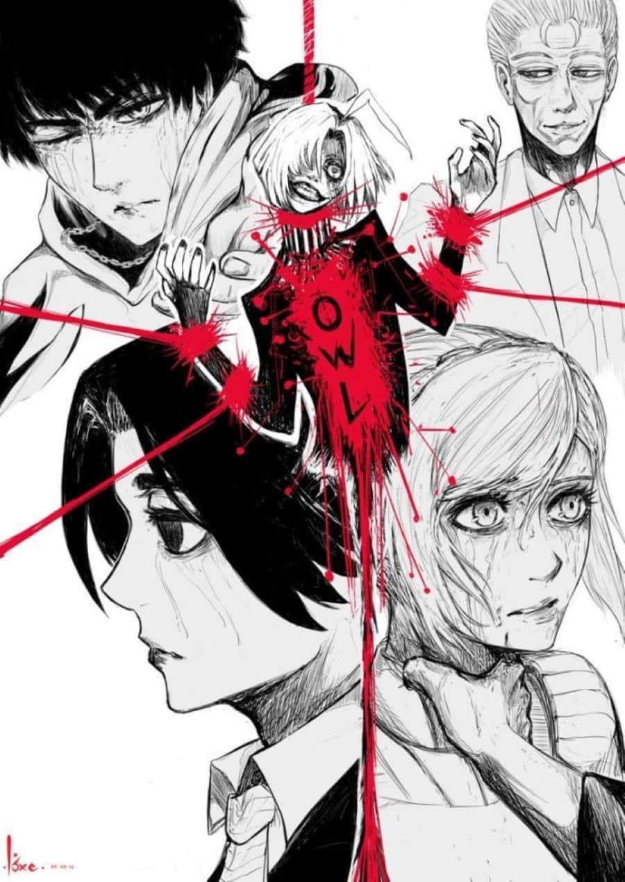 Akira Mado 桌布 壁紙 — 一幅鮮明的動漫插圖，描繪五個表情強烈的角色，被紅色飛濺和線條刺穿，背景為白色。