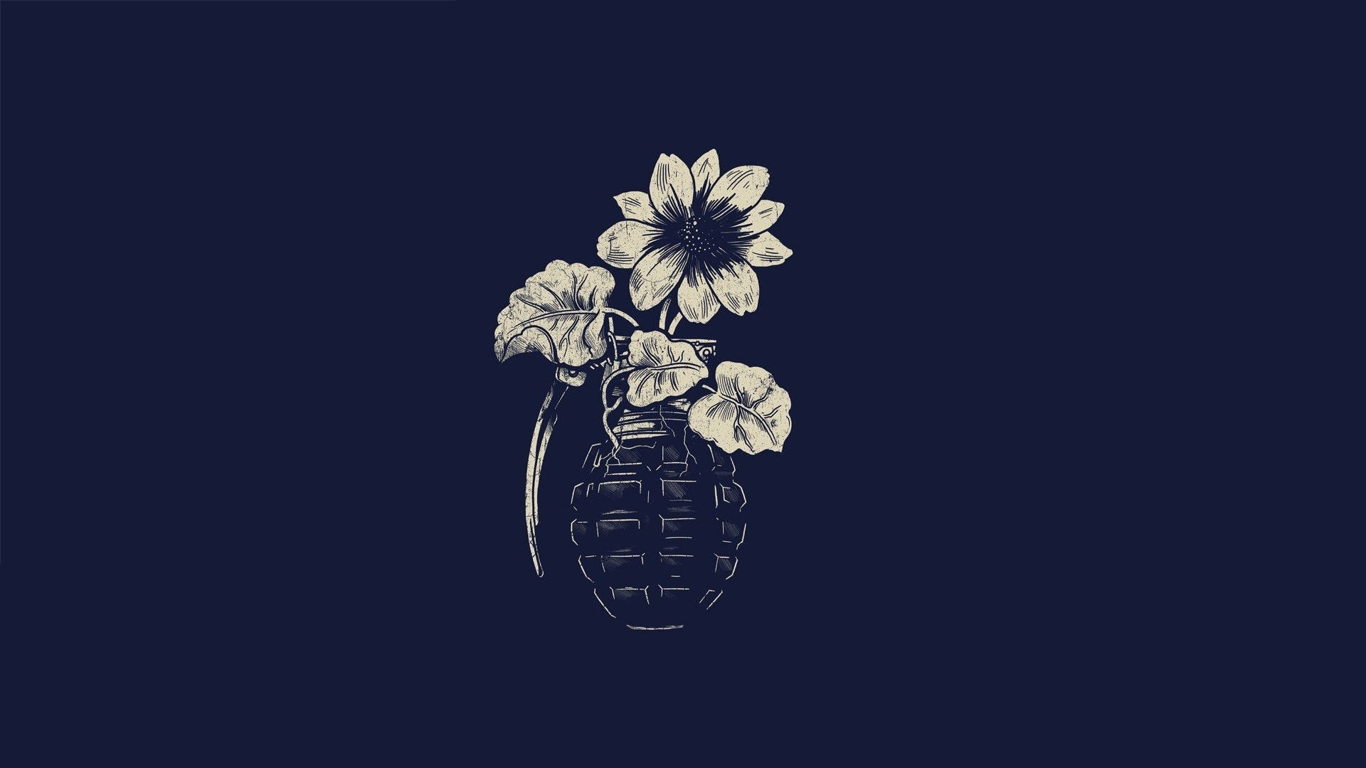 Minimalist Flower Computer 桌布 壁紙 — 一幅鮮明的插圖，描繪一朵向日葵從手榴彈中長出，背景為深海軍藍色。