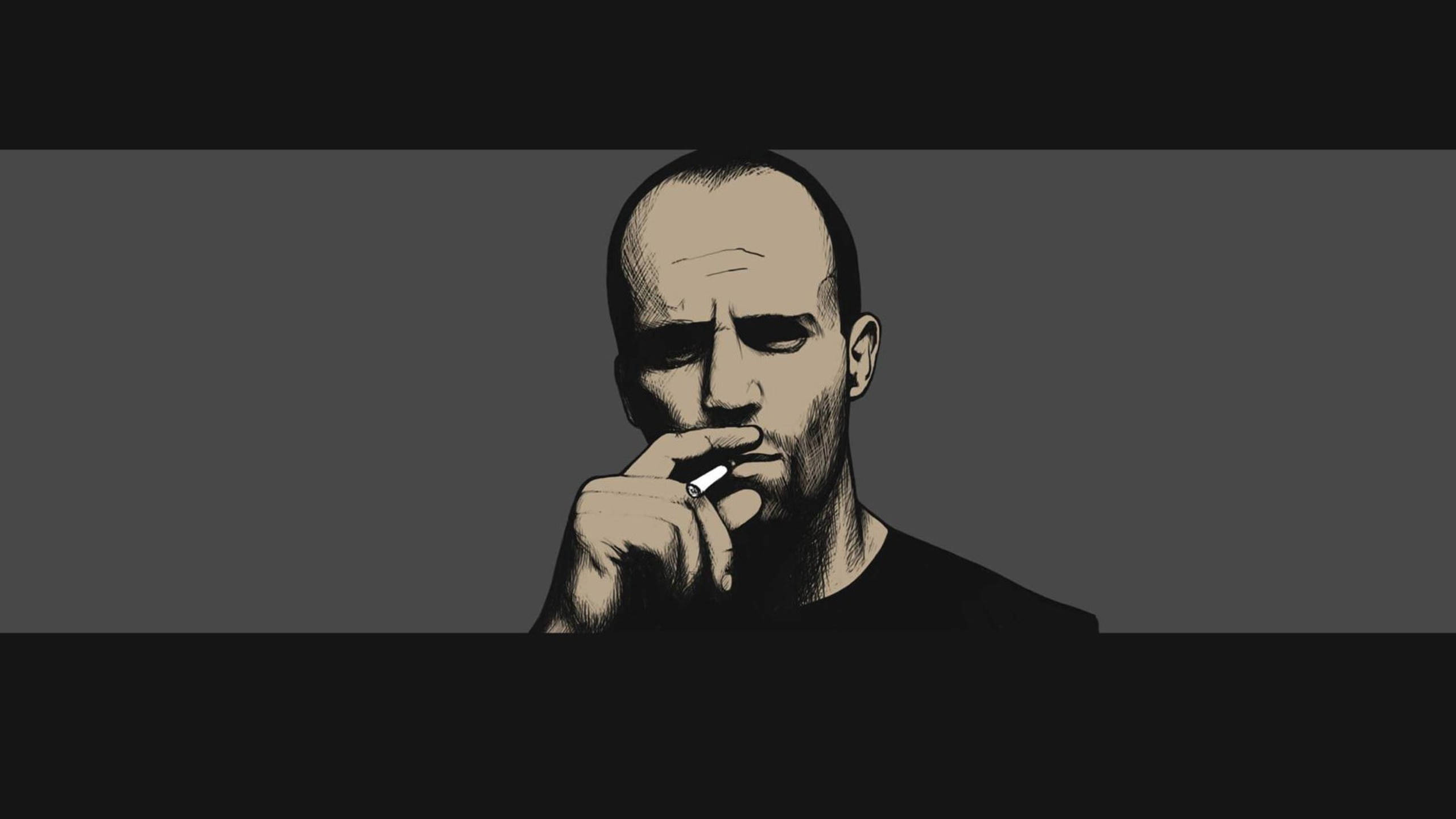 jason 桌布 壁紙 — 一幅鮮明的數位藝術肖像畫，描繪一個男人手指間夾著香菸，背景為灰色。