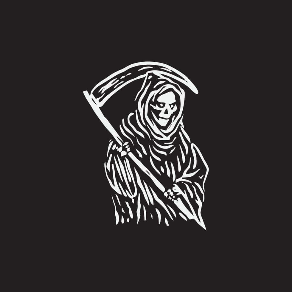 死神動圖 桌布 壁紙 — 一幅鮮明的白色插圖，描繪死神手持鐮刀，背景為純黑色。