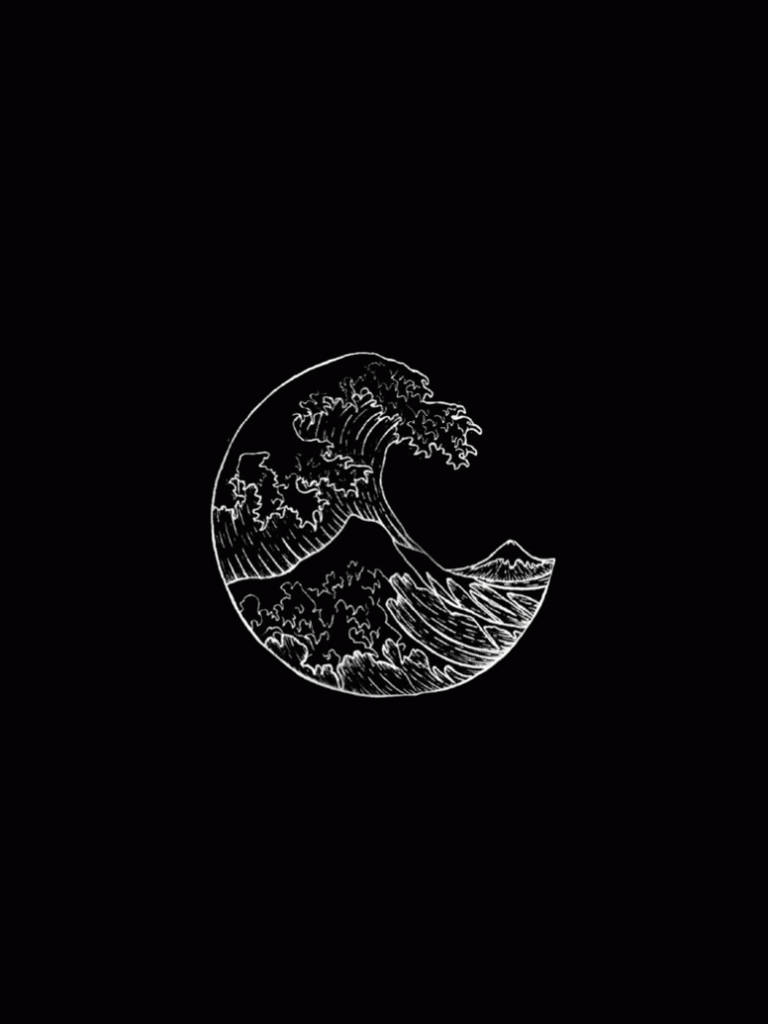 暗黑動漫風格GIF 桌布 壁紙 — 一幅鮮明的白色線條畫，描繪新月形波浪，內部有山峰，背景為純黑色。
