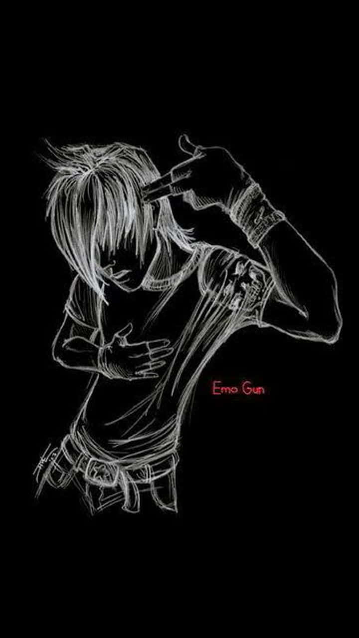 一個頭髮凌亂的人，以素描風格將槍指向自己的頭部。 — Emo 美學 GIF 壁紙