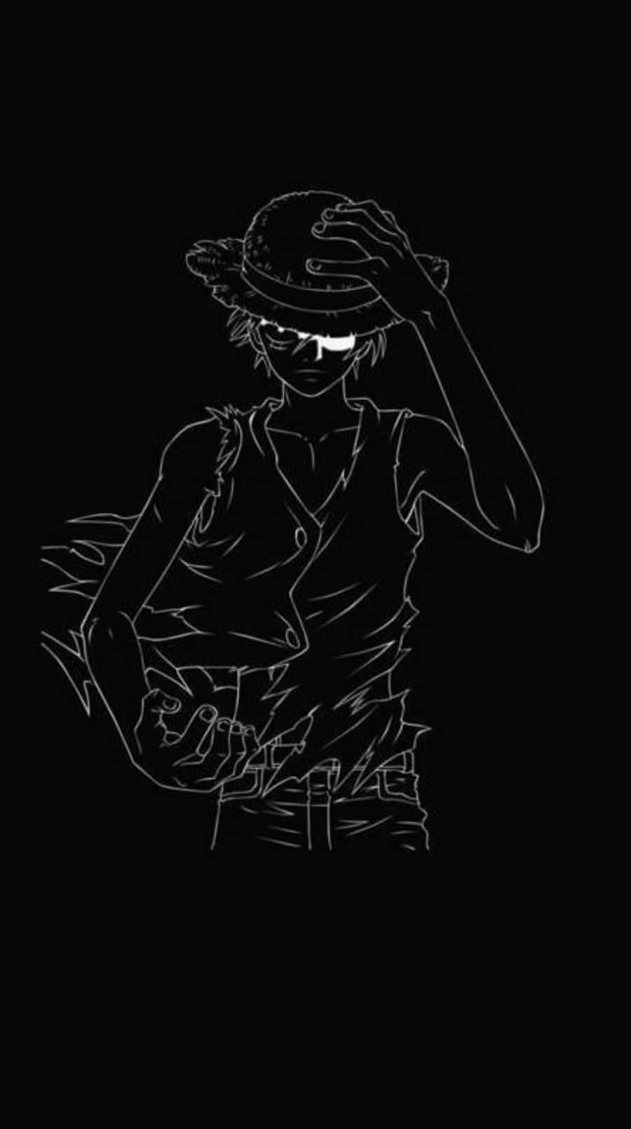 Luffy Aesthetic 桌布 壁紙 — 一幅鮮明的白色線條藝術插圖，描繪一個戴兜帽的動漫角色，眼睛發光，背景為黑色。