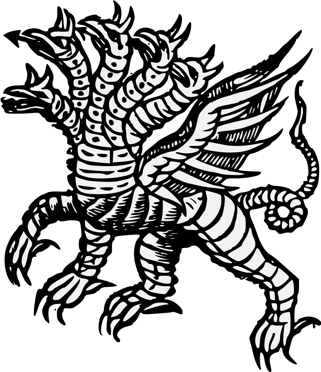 Mythical 桌布 壁紙 — 一幅鮮明的白色線條藝術插圖，描繪了一隻多頭龍，帶有翅膀和分段的身體，背景為黑色。