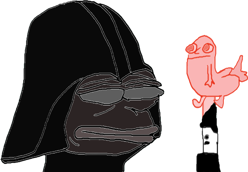 Pepe 桌布 壁紙 — 一幅鮮明的線條畫顯示黑武士面對一隻帶有驚訝表情的粉紅色卡通小生物。