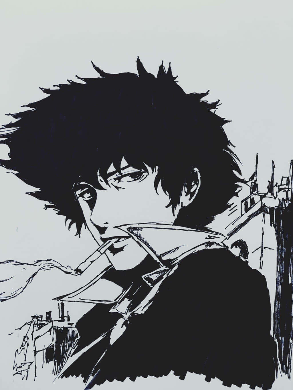 Spike Spiegel 桌布 壁紙 — 一幅鮮明的黑白動漫風格插圖，描繪一位頭髮尖刺的年輕男子在極簡城市背景下抽煙。