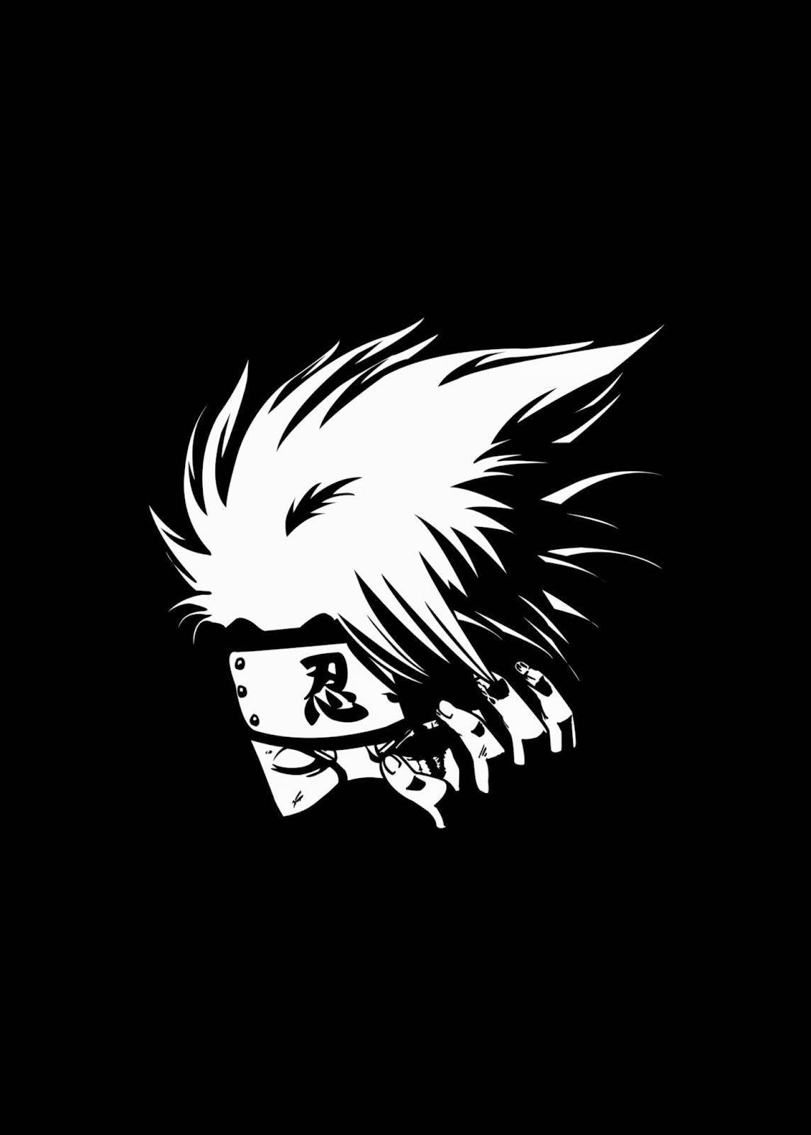 kakashi pfp 桌布 壁紙 — 一幅鮮明的黑白動漫風格插圖，描繪一個忍者頭部，帶有尖刺頭髮和頭帶，背景為純黑色。