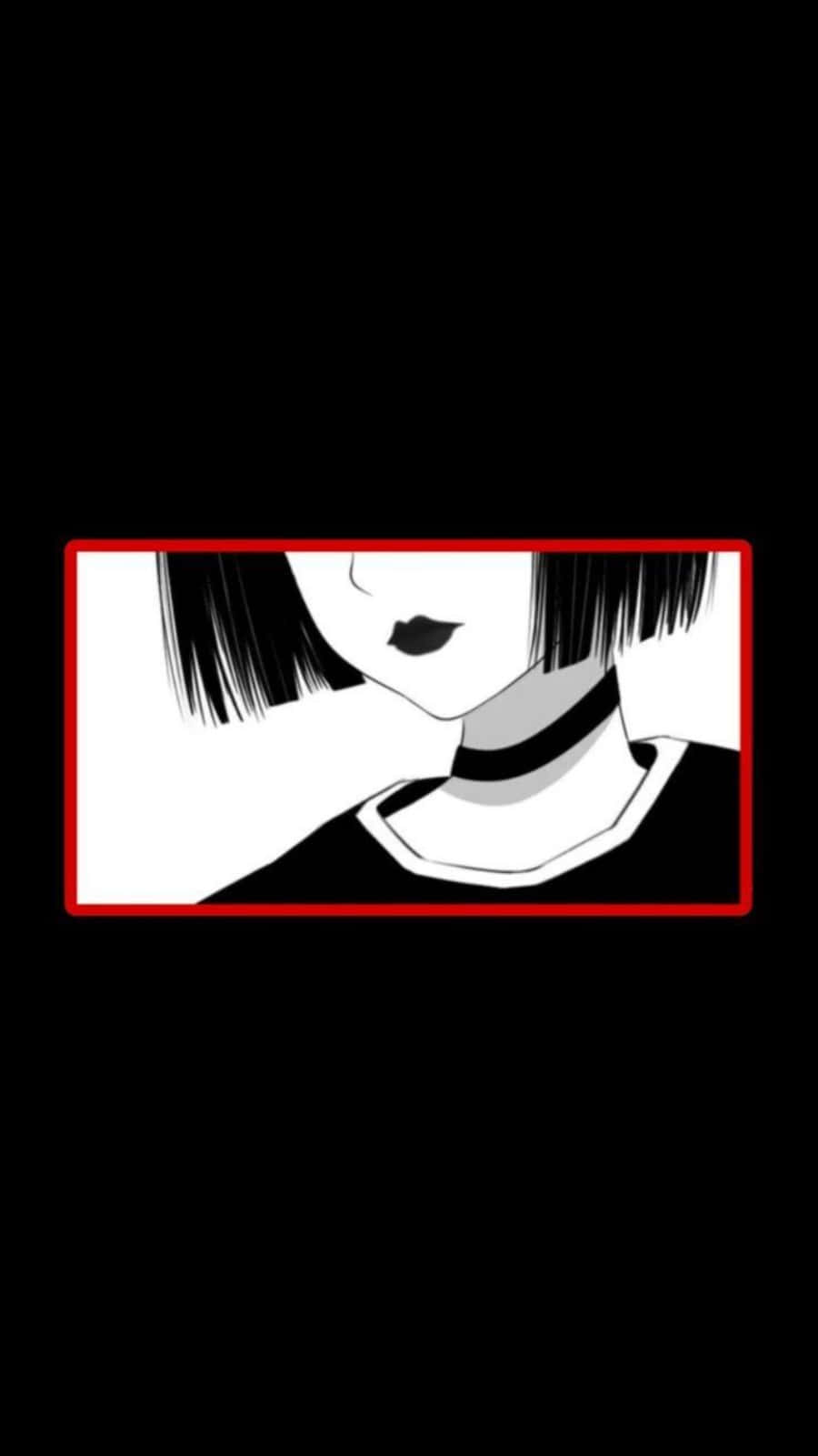 動漫女孩 桌布 壁紙 — 一幅鮮明的黑白動漫風格肖像，人物短髮戴頸鍊，以紅色邊框襯托黑色背景。