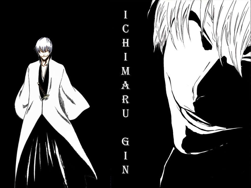 Gin Ichimaru 桌布 壁紙 — 一幅鮮明的黑白動畫插圖，描繪市丸銀全身姿勢和特寫側面，背景為深色。