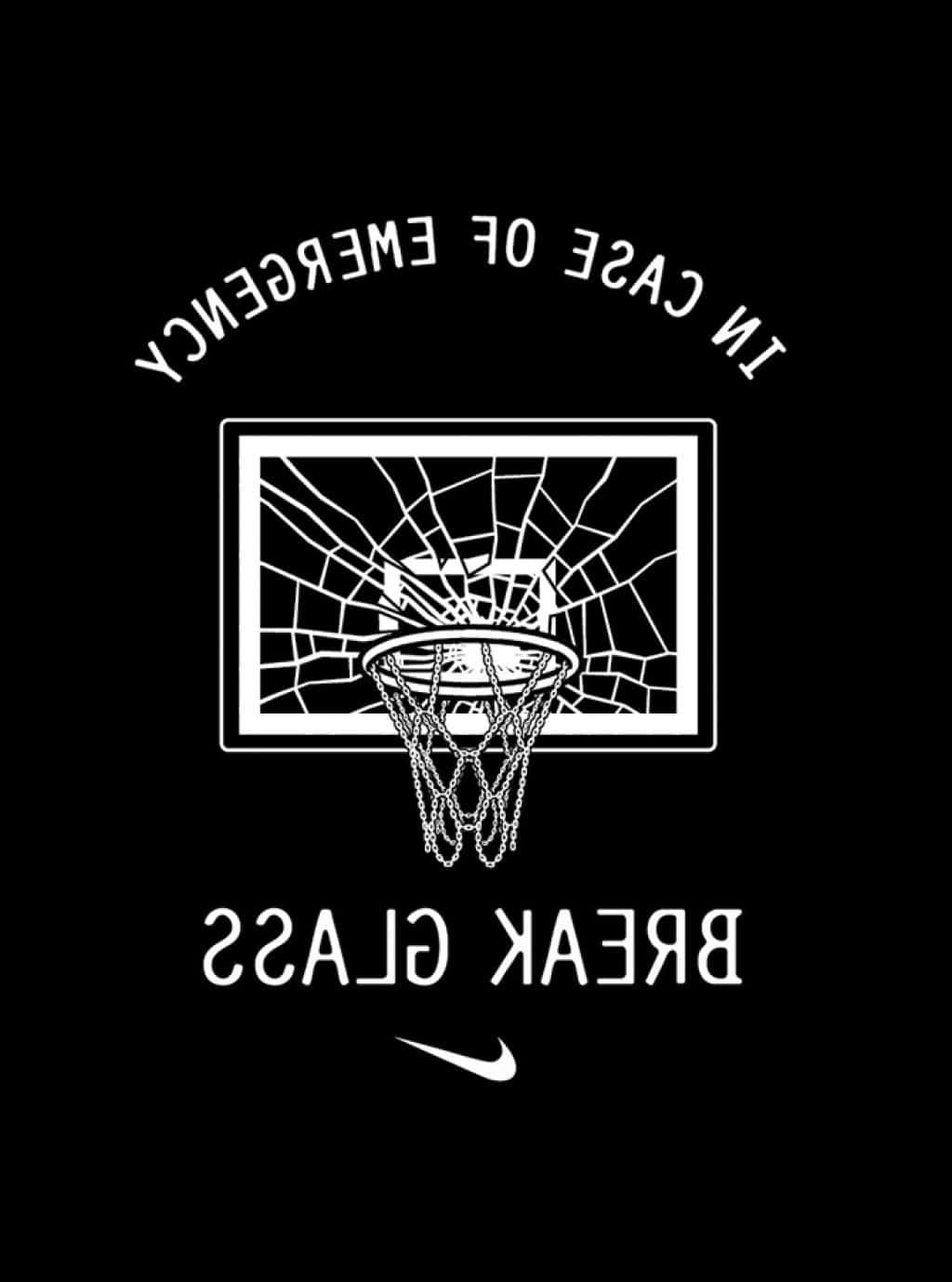 Basketball Aesthetic 桌布 壁紙 — 一幅鮮明的黑白圖形顯示一個籃球框，背板破裂，上下方有文字 'IN CASE OF EMERGENCY BREAK GLASS'，底部有Nike勾號。