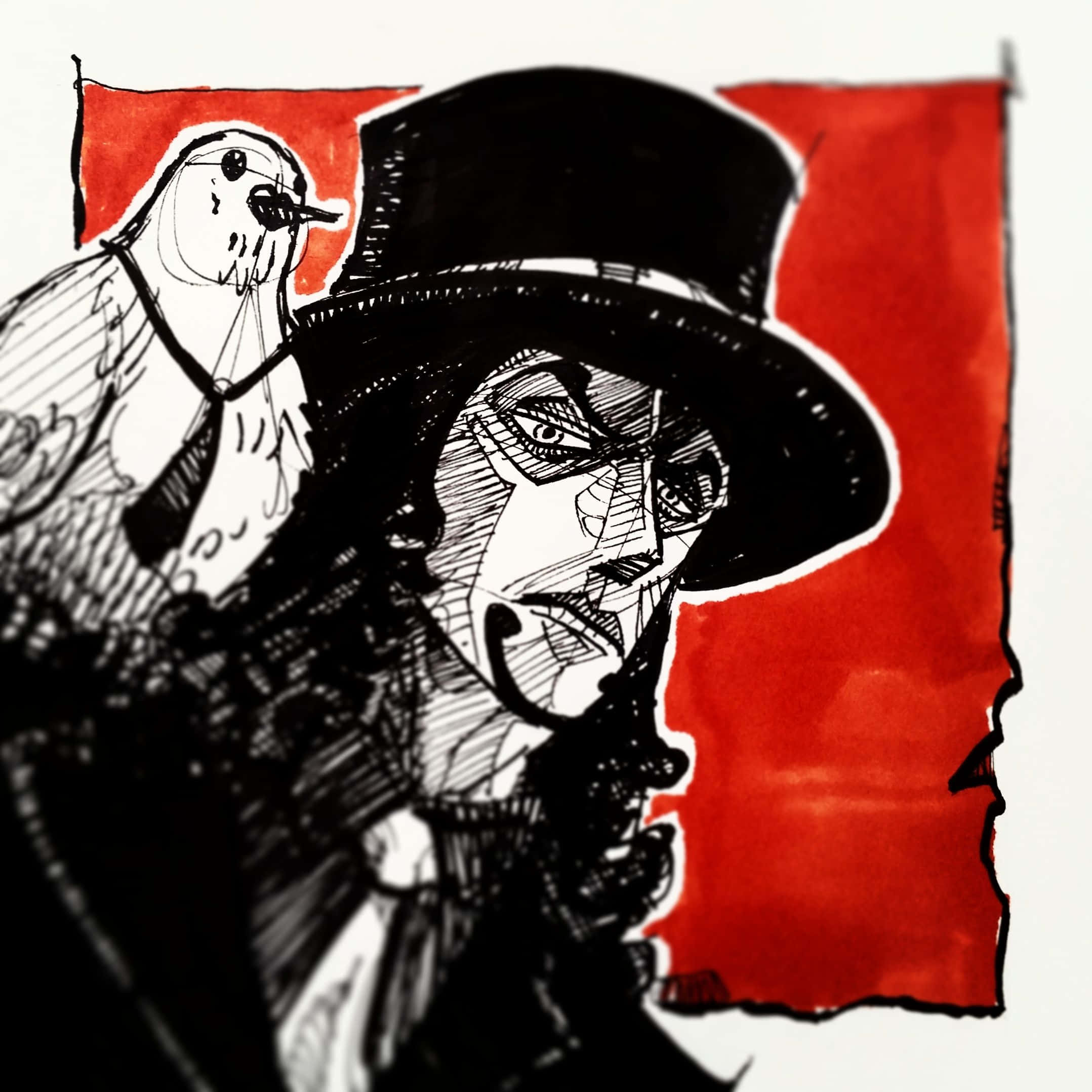 Rob Lucci 桌布 壁紙 — 一幅鮮明的黑白墨水畫，描繪一名戴高帽的男子，肩上棲著一隻鳥，背景是醒目的紅色。