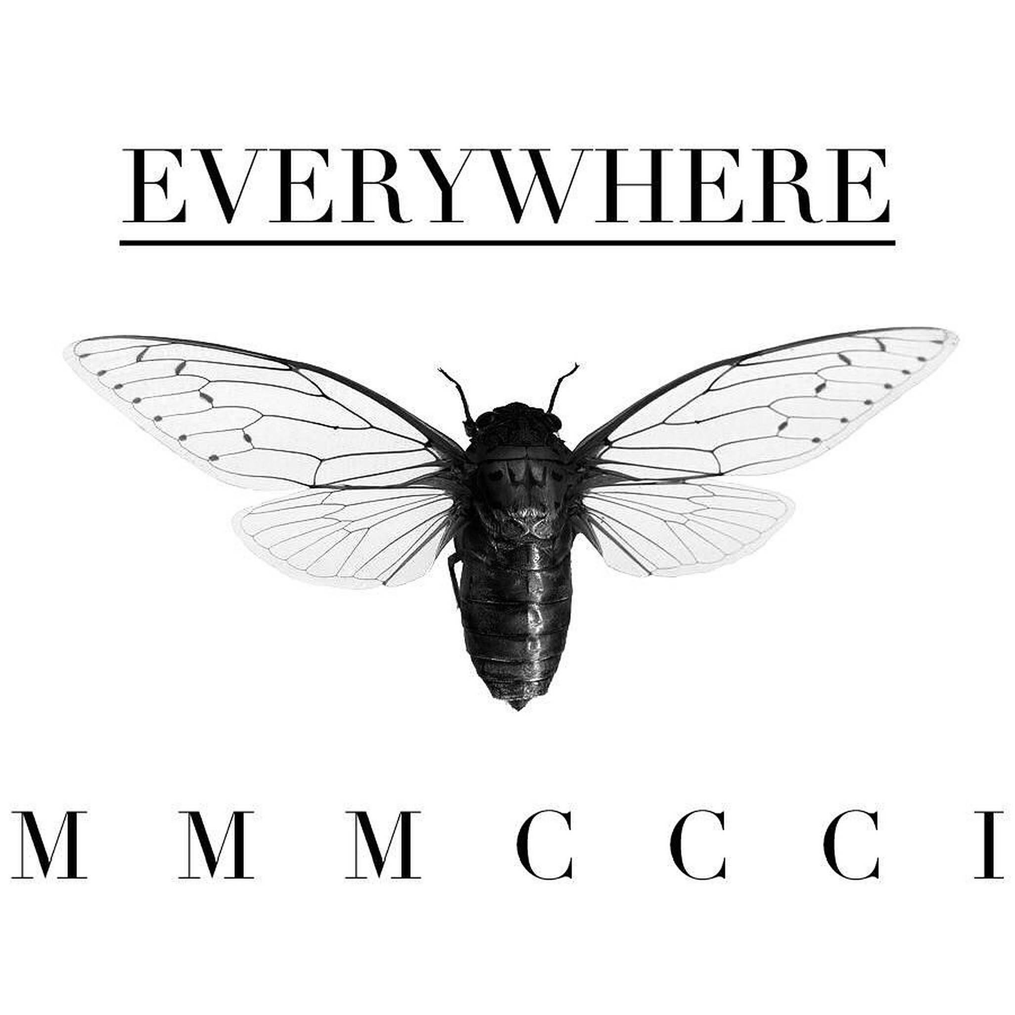 Cicada 桌布 壁紙 — 一幅鮮明的黑白插圖，中央是一隻翅膀細節豐富的蟬，位於「EVERYWHERE」字樣下方，其下有羅馬數字。