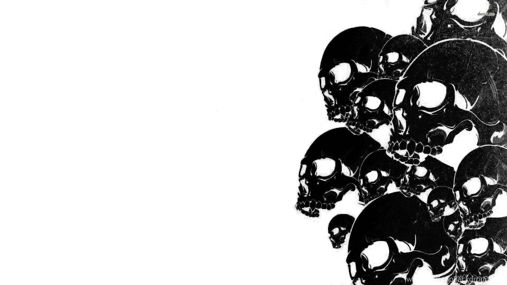Black Skull 桌布 壁紙 — 一幅鮮明的黑白插圖，右側聚集了重疊的頭骨，背景為純白色。