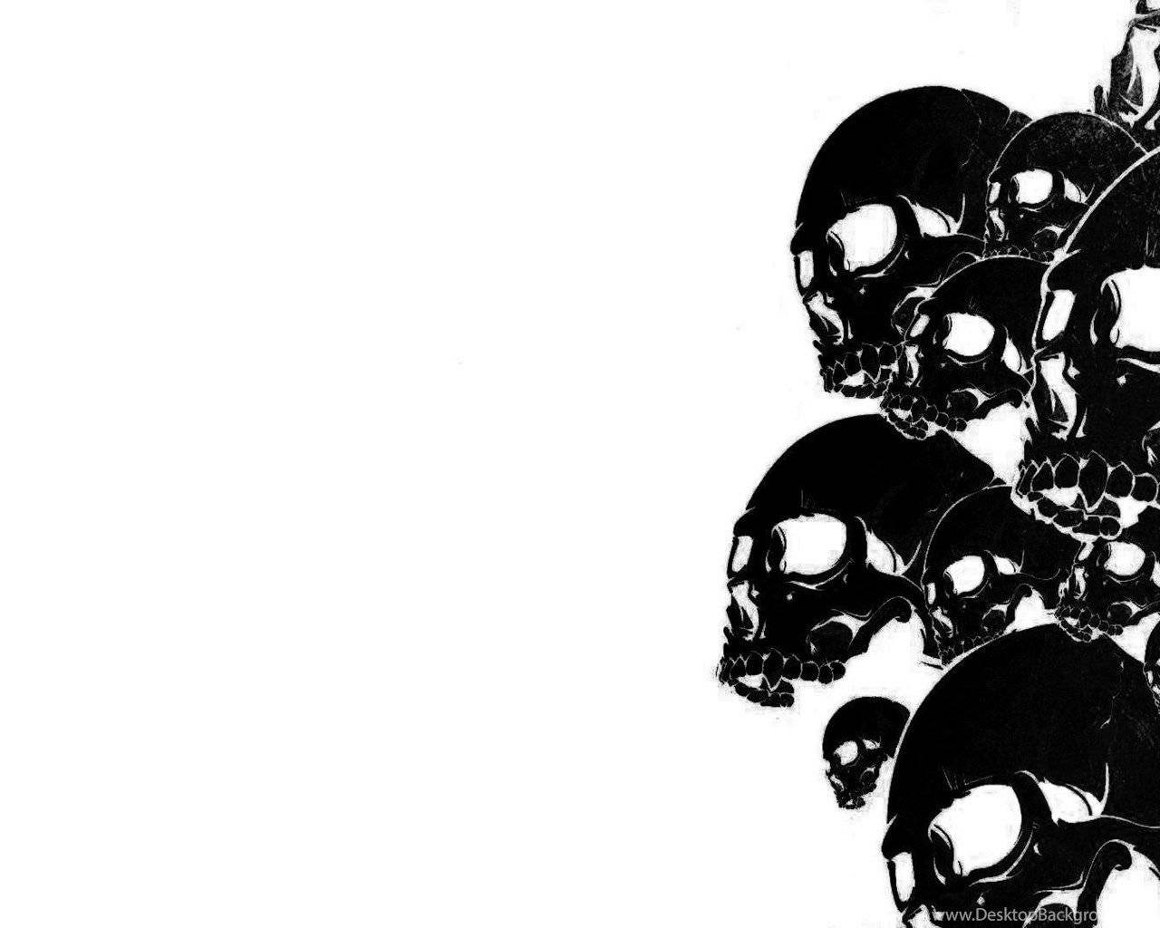 Black Skull 桌布 壁紙 — 一幅鮮明的黑白插圖，多個頭骨聚集在右側，背景為純白色。