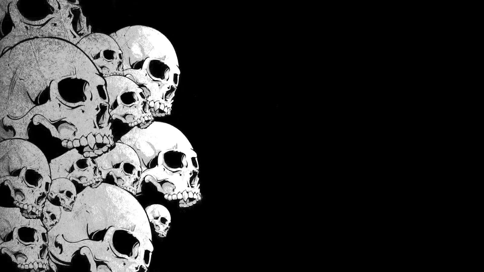 Skull And Crossbones 桌布 壁紙 — 一幅鮮明的黑白插圖，左側聚集了重疊的頭骨，背景是虛無的黑色。